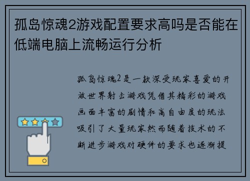 孤岛惊魂2游戏配置要求高吗是否能在低端电脑上流畅运行分析