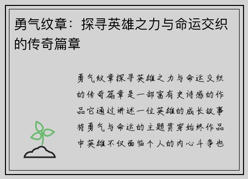 勇气纹章：探寻英雄之力与命运交织的传奇篇章